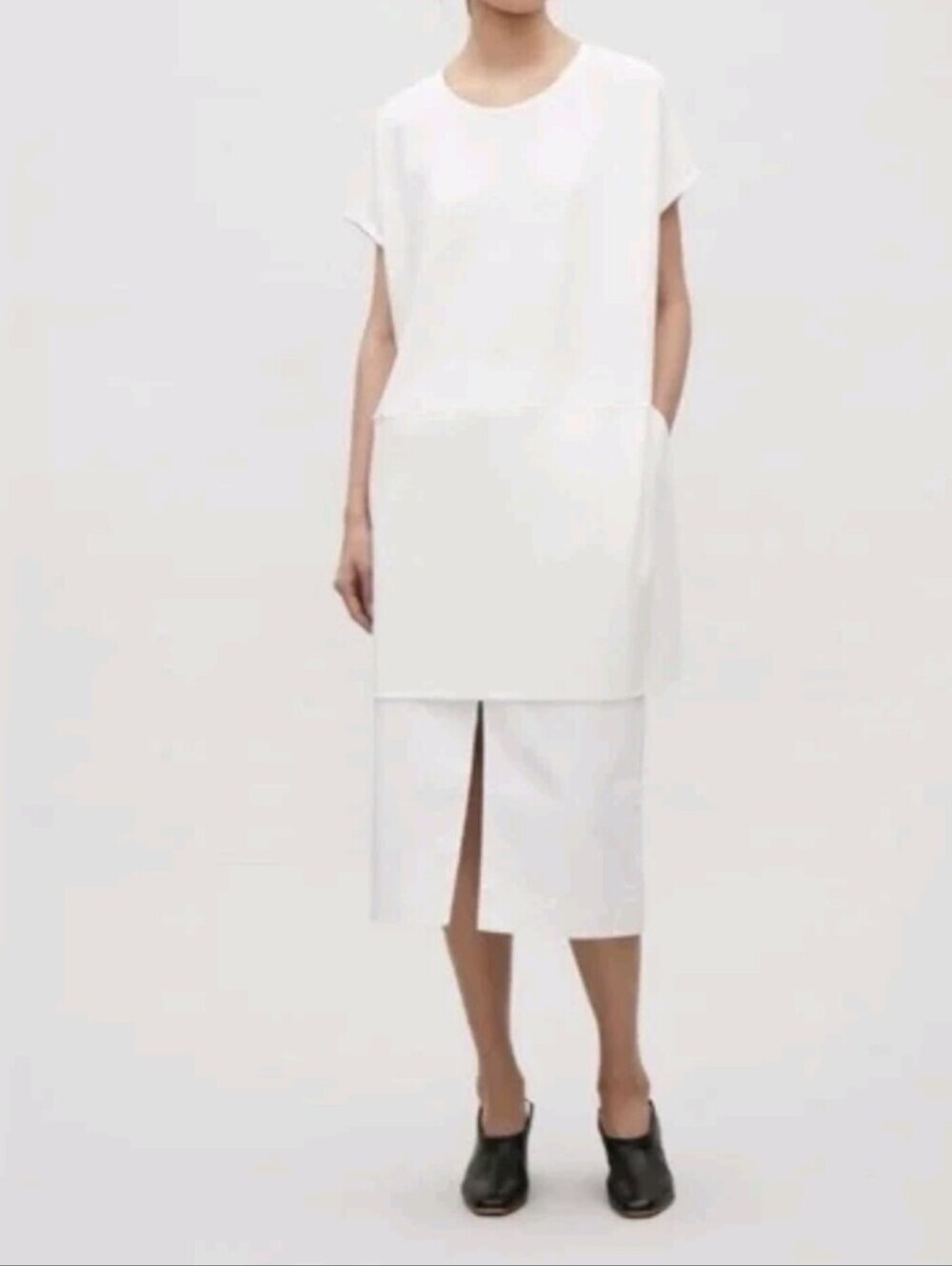 COS White Short Sleeve Tunic with Waist Seam..Size:S